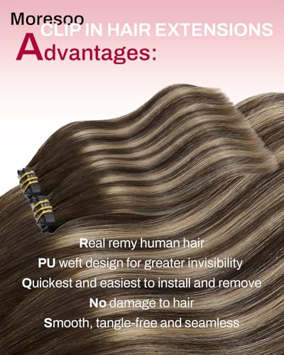 Image of Moresoo Seamless Clip in Human Hair Extensions, Ombre Brown, for Daily Wear | Clip in hair extensions remy hair, balayage medium brown to warm caramel, 22inch 120g 7pcs, for weddings and photoshoots