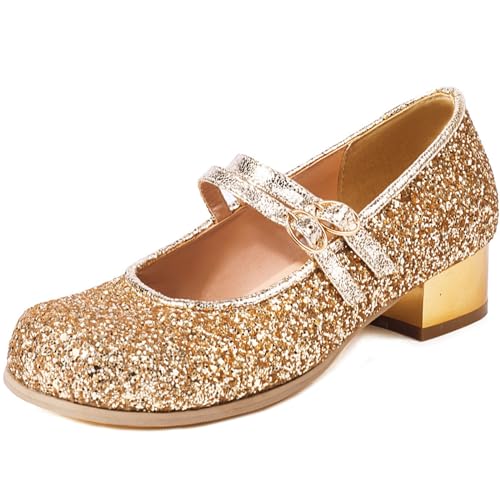 Women Glitter Mary Jane Pumps Block Heel Low Heel Sequin Double Strap Round Toe Fashion Dress Shoes