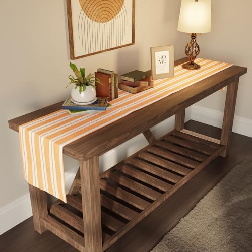 Image of Encasa XO Cotton Table Runner for 2 to 4 Seater | Size 13x48 in | Franca Yellow Stripes - Machine Washable & Durable