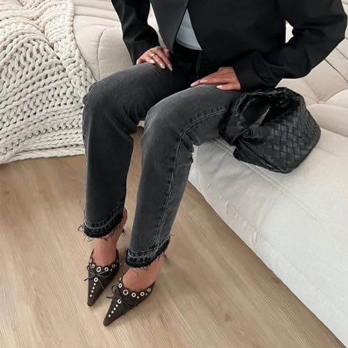 Image of DOEYG Women Pointed Toe Bow Heels Mules Slip on Stiletto Heels Sandals Dress Party Wedding Studded Heels Pumps