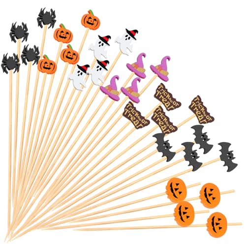 FATLODA Halloween Cocktail Picks - Pumpkin Ghost Spider Bat, Decorative Toothpicks for Appetizers, 4.7 IN Bamboo Skewers Food Sticks for Charcuterie Board Accessories Halloween Themed Party Supplies