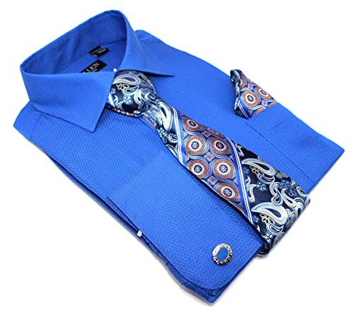 C. Allen Men's Solid Micro Pattern Regular Fit Dress Shirts with Tie Hanky Cufflinks French Cuffs Combo2