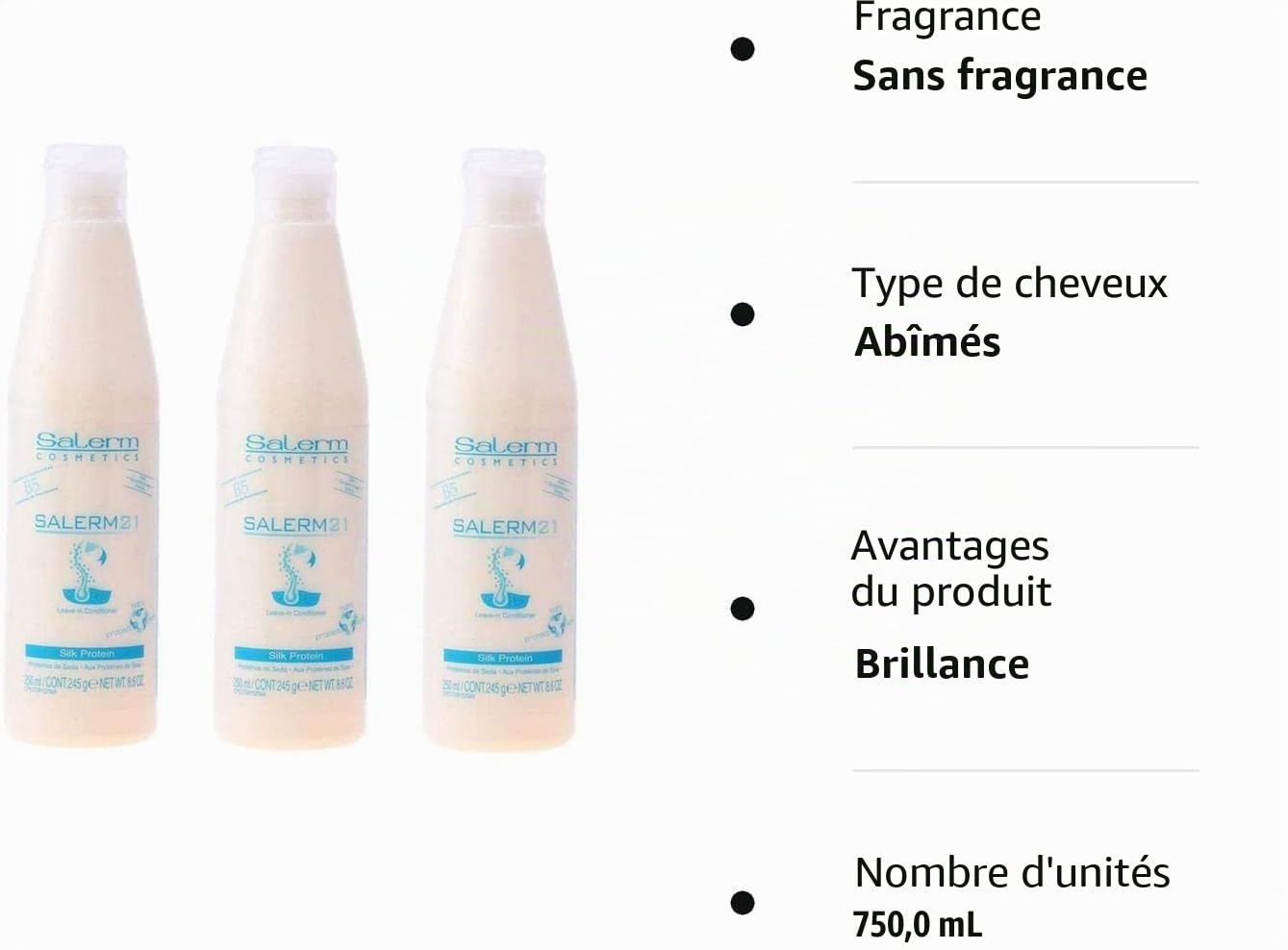 Salerm Cosmetics Salerm 21 Lot de 3 après-shampoings protéinés de soie sans rinçage 250 ml 750 ml