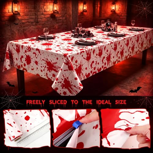 Image of Kochorie 100 Ft x 54 Inch Halloween Bloody Party Tablecloth Roll with Cutter Box Waterproof Plastic Horror Bloody Zombie Table Cover for Halloween Spooky Party Decorations. White