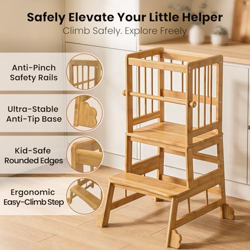 Image of HBTower Kids Kitchen Step Stool with Safety Rails & Anti-Slip Feet,Toddler Standing Tower for Kitchen Counter Learning - Hold Up to 450lbs,Anti-Slip Feet Toddlers Learning Tower,Natural Bamboo
