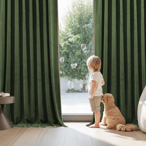 Image of StangH Moss Green Velvet Curtains 102 Inches Long, Extra Thick Forest Green Drapes for High Windows, Thermal Insulated Window Decor for Studio, W52 x L102, 2 Panels
