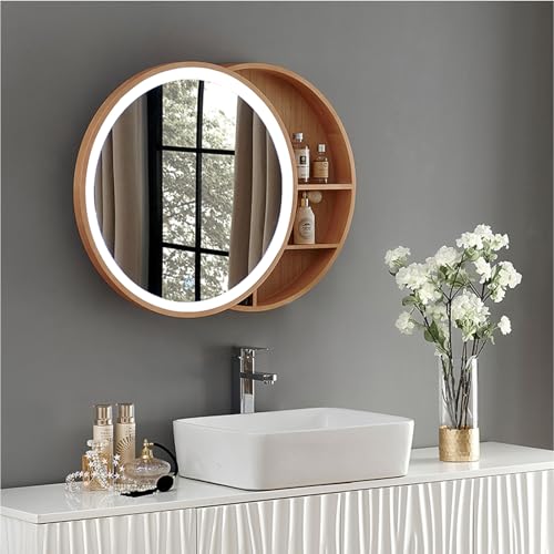 Armadietto moderno con specchio rotondo a LED, interruttore Smart Touch, rimozione nebbia, illuminazione tricolore regolabile, perfetto per il bagno, design elegante e funzionale.