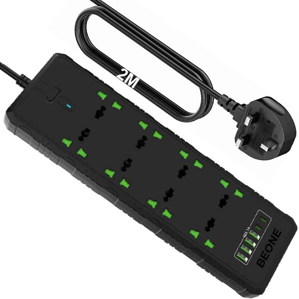 Buy BEONE Universal Extension Lead Cord Power Strip Plug Adapter, 2 Meter 3.1A with 8 Way Power