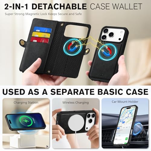 TUCCH Removable Crossbody Case Wallet for iPhone 17 Pro 2025, 9 Card Slot RFID Blocking, Stand, Lanyard, Wrist Strap, Wireless Charging, Zipper Pocket, PU Leather, Magnetic Flip Cover, Textured Black by TUCCH - Used condition - Image 4