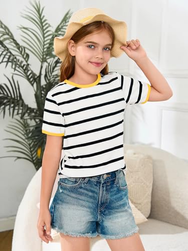 Haloumoning Girls Short Sleeve T Shirts Kids Summer Striped Tops Crewneck Tees 5-14 Years3