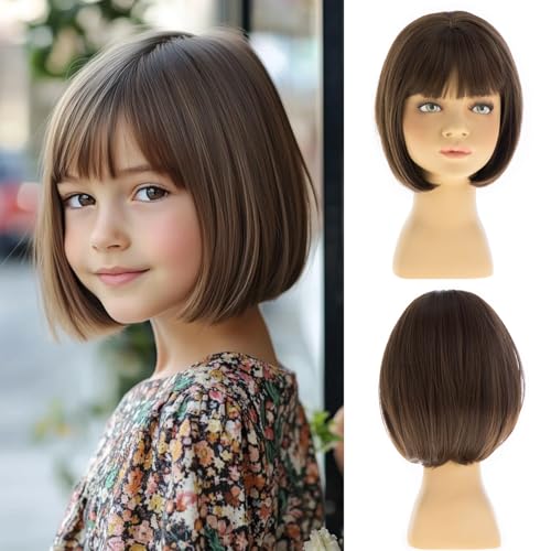 Dsimeig Short Brown Kids Wig Girls Straight Bob Wig with Bangs Synthetic Cosplay Halloween Costume Party Use