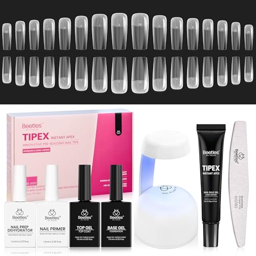 Beetles Tipex Instant Apex Nail Tips Kit with Dehydrator & Primer Long Square 224PCS 16 Sizes Reinforced Apex for Strong Long-Lasting Wear 20g Solid Nail Glue Mini UV Lamp Base & Top Coat