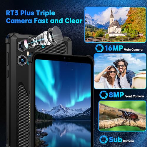 Image of RT3 Plus Rugged Android 15 Tablet, 8 Inch HD Display Waterproof Tablets, 1100mAh Battery, 16GB+128GB (1TB Extra) Industrial Tablet PC,16MP+8MP, 100dB Speaker,Face ID /MediaTek G81 /GPS /NFC, Blue