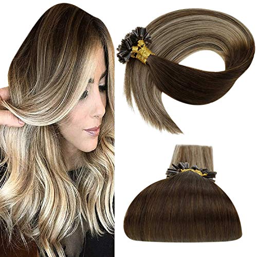 LaaVoo U Tips Real Hair Extension Blonde Prebonded Keratin Fusion Hair Extensions Utip Balayage Dark Brown to Medium Brown and Golden Blonde Utips Remy Hair Extensions Brown Silky Straight 50g/50s 16"