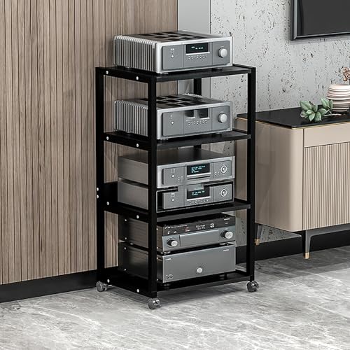 Vitrina, Soporte para Medios, Soporte de Audio, Soporte para Consola de Juegos, con Ruedas, Estante de Esquina para Soporte de Medios AV, con estantes de Almacenamiento, Torre de Soporte par