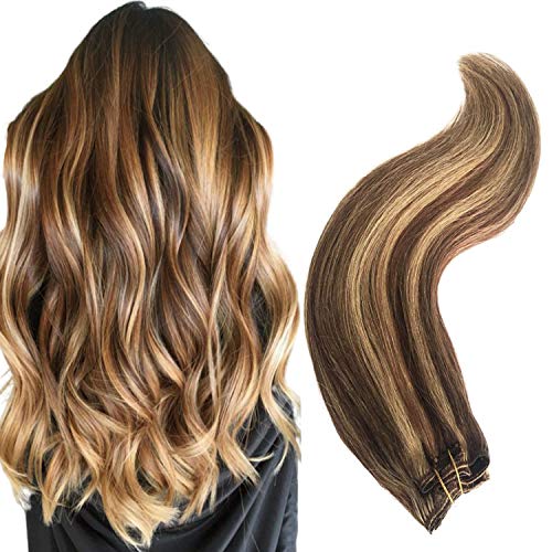 Remy Clip in Hair Extensions Blonde Balayage 70g 7 Pieces 16 Clips Full Head Short Straight Remy Hair Extensions Clip in Medium Brown to Strawberry Blonde Highlights #4/27