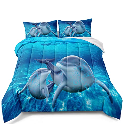 BDUCOK Dolphin Bedding Set - Cute Dolphin Jumping Blue Ocean Animal Themed Comforter Set for Kids Boys Girls - Twin Size - 1 Comforter with 1 Pillowcases