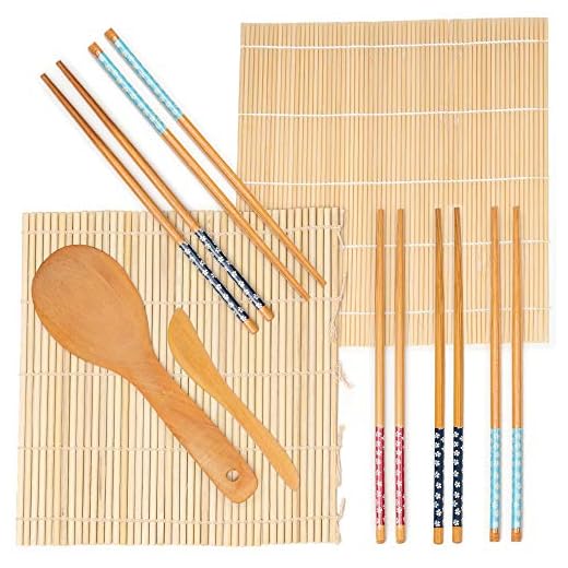 Oak & Steel - Kit de Sushi con Tapete de Bambú - 9 Piezas - Incluye 2 Tapetes de Bambú, 5 Pares de Palillos, 1 Espátula de Arroz, 1 Cuchillo