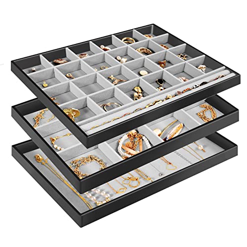 ProCase Set of 3 Stackable Jewelry Trays Organizer for Drawers Jewellery Drawer Insert Divider Jewel Display Storage Container with Removable Dividers for Ring Earring Necklace Bracelet Watch -Black
