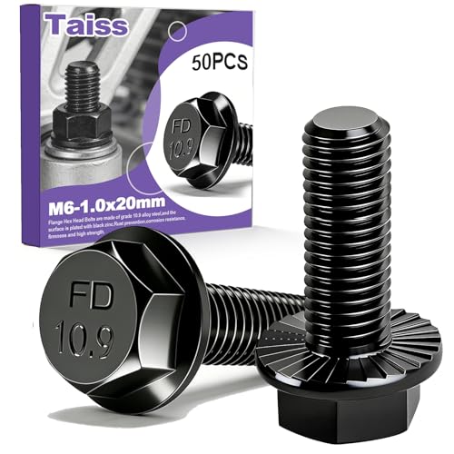 Image of Taiss 50PCS M6-1.0 x 20mm Metric Flange Hex Head Bolts,Hex Drive Screws 10.9 Black Zinc Plated Alloy Steel,m6x1.0 Bolt,Full Thread Hex Bolts