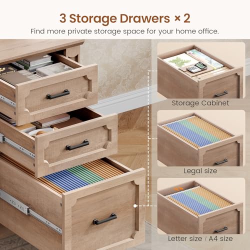 Image of SEDETA Farmhouse 110.3 inch Two Person Desk with 7 Drawers, Long Computer Desk with Storage Cabinet, 2 Person Desk with Power Outlets for Home Office, Oak