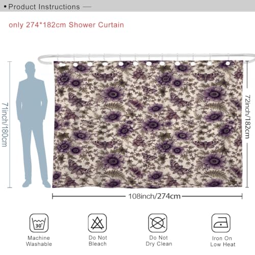 Rideau de douche extra large violet 274x183 cm motif papillon et fleurs