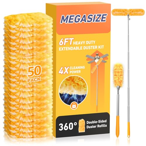 Image of 6 ft Heavy Duty Extendable Duster Handle with 50 Refills for Swiffer Duster, 360 Multi-Surface Dusters with 4X Cleaning Power for Home, Ceiling Fans, Windows, Dusting Hard-to-Reach Areas (Orange)