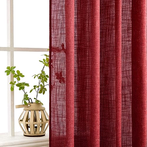 MIULEE Burgundy Red Linen Curtains 90 Inch Long for Bedroom Living Room, Soft Thick Linen Textured Window Drapes Semi Sheer Light Filtering Rod Pocket Back Tab Christmas Burlap Look, 2 Panels