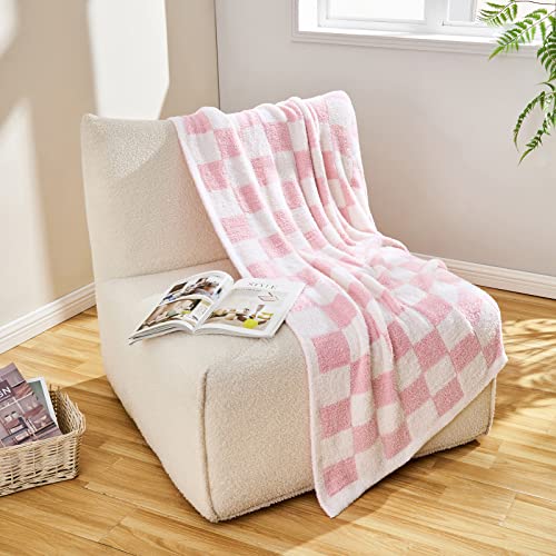 Image of CozeCube Pink White Reversible Checkered Knit Throw Blanket 50 inchx60 inch