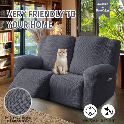 Image of Genina Recliner Loveseat Covers, Stretch Reclining Sofa Covers, 2 Seater Couch Cushion Stripe Jacquard Recliner Slipcovers - Furniture Protector Covers for Pet Kid (Dark Gray)