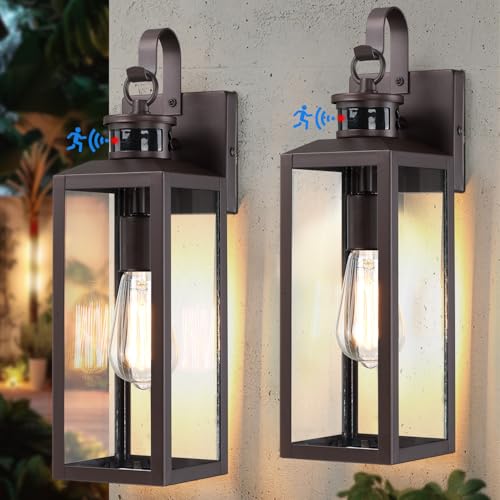 17 Motion Sensor Outdoor Lights Wall Mount Dusk to Dawn Exterior Light Fixture Waterproof Anti Rust Porch Light Outside Wall Lights for House Brown Wall Sconce Lanterns with Clear Glass 2 Pack