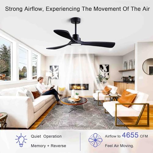 Image of 52-inch Silent Ceiling Fan Light with Remote Control, Black Wood Finish. | 3CCT, mobile app, full memory function, for use in living rooms, dining rooms, bedrooms, offices, balconies, and outdoors.