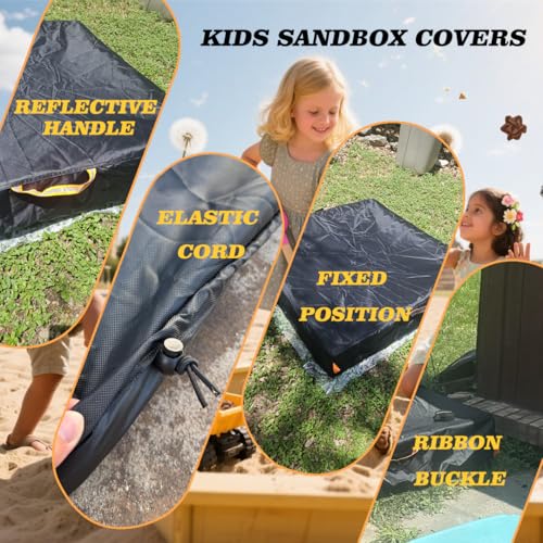 Image of Sandbox Cover, Outdoor Large Sandbox Cover for Preschoolers, Waterproof Square SandBoxs Covers for Sand Protection, Featuring Handles, Strap with Buckle, Bottom Drawstring（Black，66 inch Lx66 inch Wx8 inch H