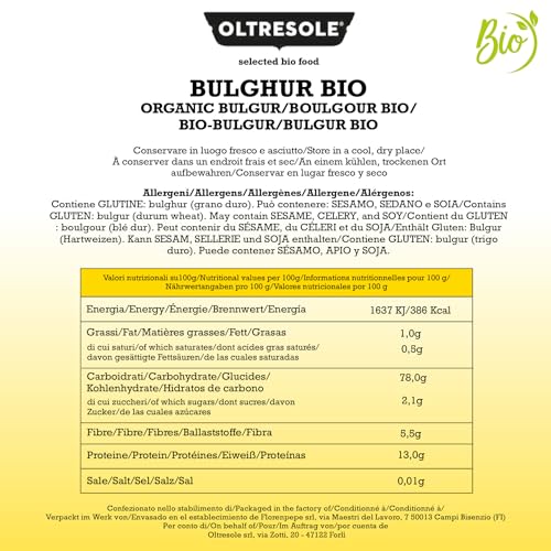 Oltresole - Bulghur Italiano Biologico 1 Kg - Vollkorn-Hartweizen, gebrochener Weizen, ideal für die Zubereitung von Tabuleh und Gerichten der nahöstlichen Küche, Familienformat