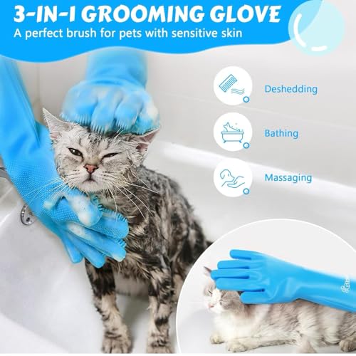 Image of Pet Grooming 3 in 1 Gloves, Dog Cat Bathing Shampoo Brush, Silicone Hair Removal Gloves with Thick High Density Teeth for Bathing and Messaging, Double-Side Scrubbing Gloves for Shedding