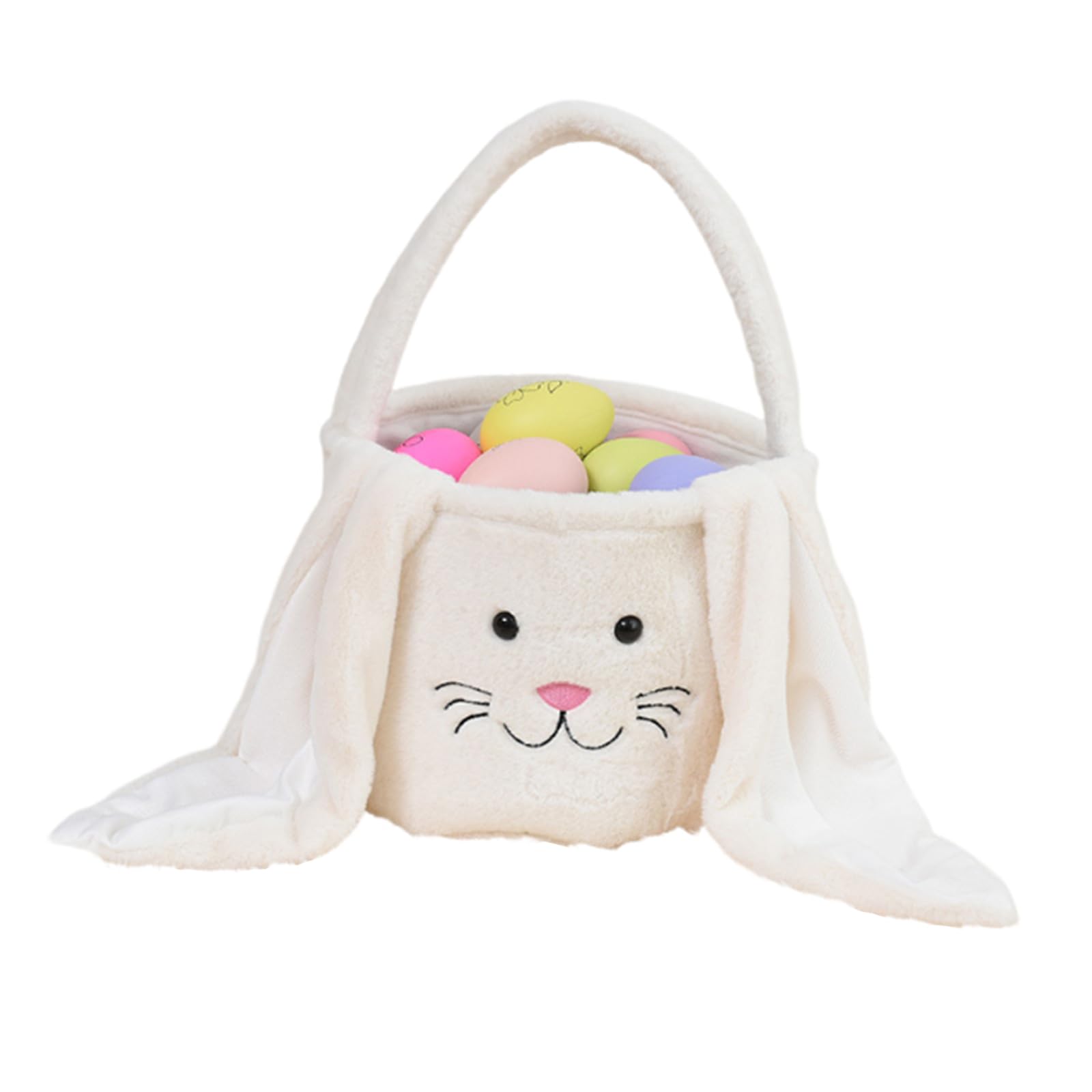 Plush Easter Bunny Basket Bags for Kids, Rabbit Bucket Tote with Long Fluffy Ears, Cute Egg Hunts Party Storage Candy Gifts Carry Bucket Decorations (White)