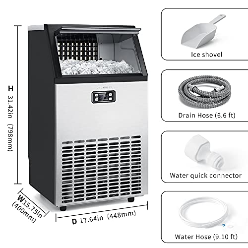 CROWNFUL Commercial Ice Maker 100Lbs/24H, Stainless Steel Ice Machine with 33Lbs Ice Storage