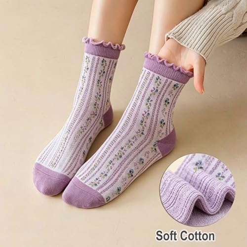 Image of DXYAKY 5 Pairs Womens Floral Cotton Socks Vintage Patterned Crew Socks Novelty Ankle Ruffled Warm Casual Dress Socks