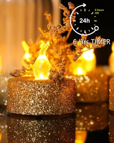 Image of 12PCS Gold Glitter Tea Lights Candles Battery Operated with Timer