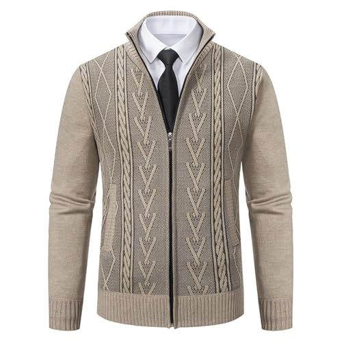 Men's Full Zip Cardigan Sweater Stand Collar Slim Fit Printed Knitwear Casual Ribbed Knitted Sweater