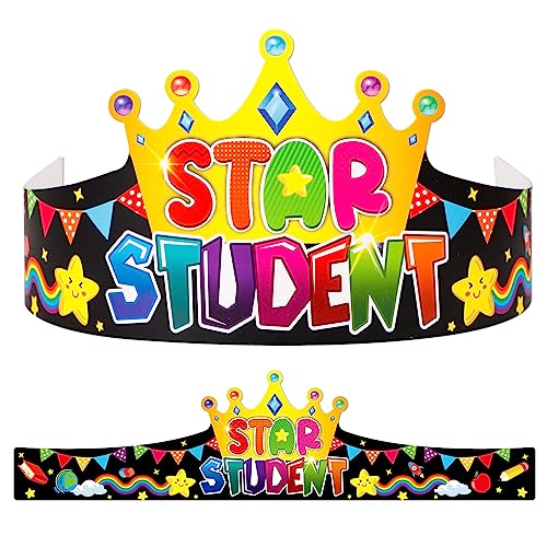 WaaHome Star Student Crowns for Kids Classroom - 24pcs Star of The Week Paper Crowns Adjustable Student of the Week or Month Paper Hats for Elementary Classroom Teacher Prizes Rewards