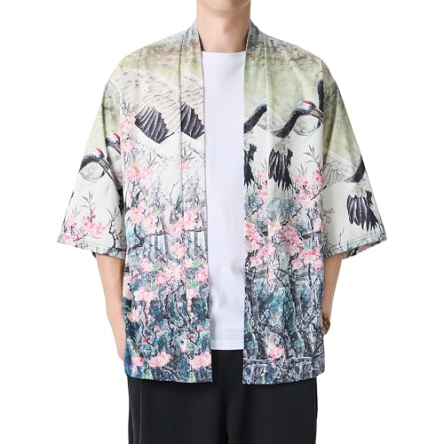 Image of PRIJOUHE Men's Lightweight Kimono Jacket Seven Sleeve Open Front Cardigan Coat Japanese Style Bathrobe