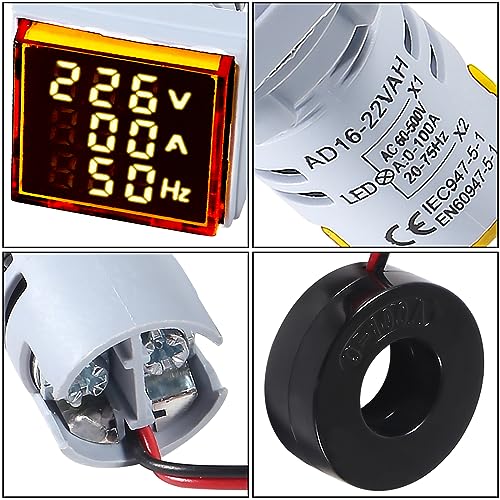 Image of Alinan 3 in 1 60-500V 0-100A AC Digital Ammeter Voltmeter, 22mm Square Digital Tube Screen with Transformer, LED Display Voltage Detector Current Tester Gauge(Yellow)