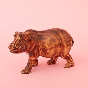 Hippo Sculptures for Coffee Table Decor, Wooden Figurines, 10 Inch Wide