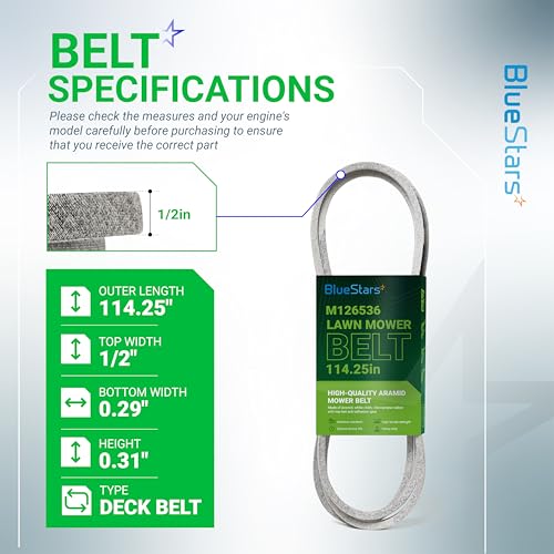 Image of BlueStars M126536 Mower Deck Belt | Aramid Cord | 114.25 inch x 0.5 inch | Deck Belt - For 38 inch and 42C Deck John Deere LT133 LT150 LT155 LT160 LT166 LT180 and More