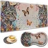 大型ゲームマウスパッド + 手首サポートパッド + コーヒーコースター、縫い目のエッジ付きデスクパッド、滑り止めセットパッド オフィスワークや自宅に最適 - ペイントされた猫