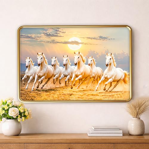 Image of XOPY Seven Running Horses with Golden Frame | Vastu 7 horses Raw Pyrite Painting for Home, Office & Living Room Wall Decore | 12X18 Inch Sparkle Laminated Frame | Best For Gifting (53313, 12X18)