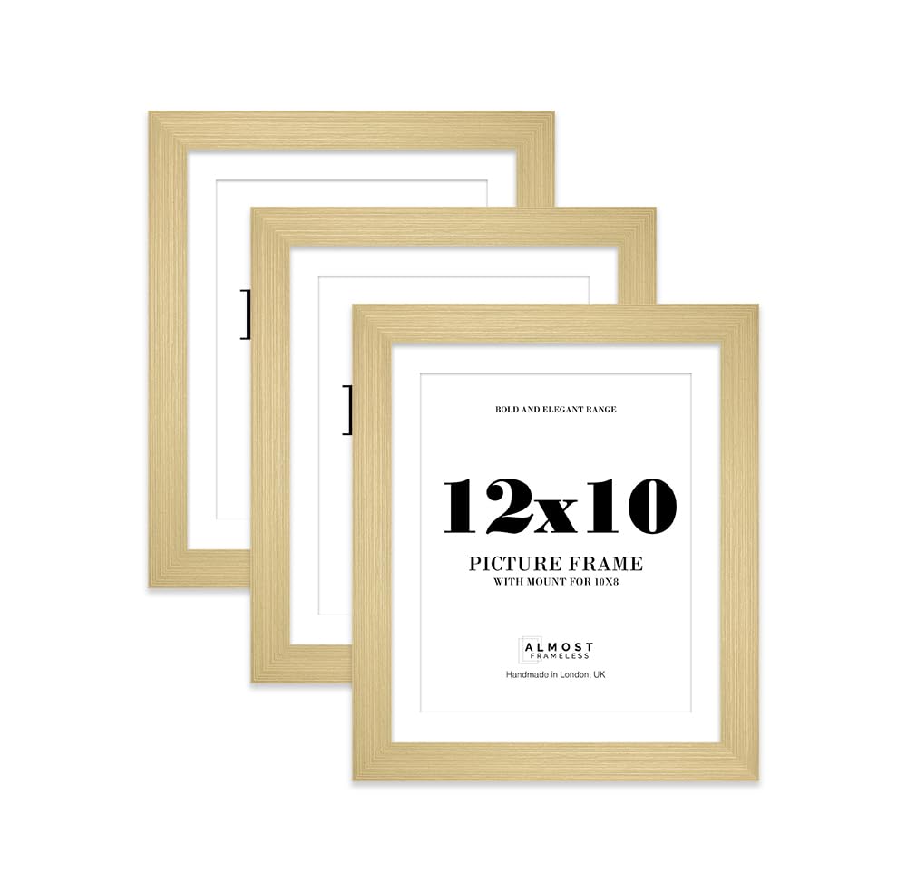 12x10 Gold Frame With Mount for 10x8 Pictures 28mm Edge Portrait and Landscape Display with Wall Hooks and Kickstand, 3 Pack