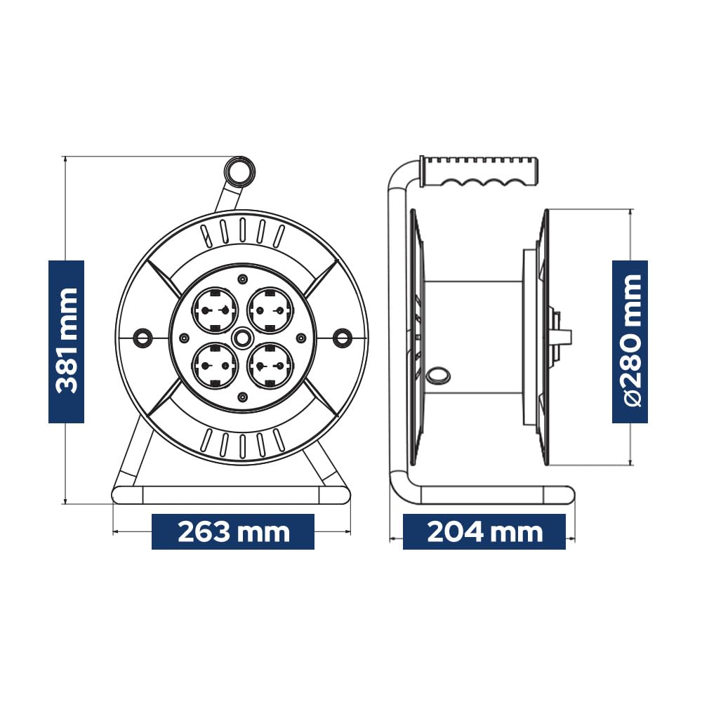 Avvolgicavo 40 metri IP44 - Prolunga Elettrica Avvolgicavo 230V 3300W Prolunga da Cantiere - Tamburo Cavo con 4 Prese Schuko 3×2,5 mm² - Avvolgicavo da Esterno per Giardino, Garage - Horoz Electric