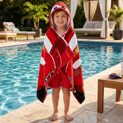 Disney Cars Kapuzenhandtuch Kinder, Lightning McQueen Kinderhandtuch, Tragbares Badeponcho Kinder, Rot One Size